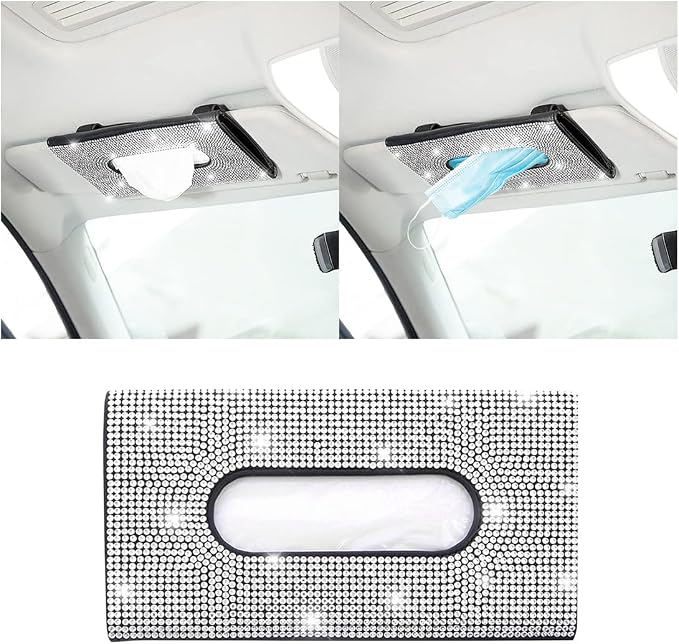 Bling Car Sun Visor Tissue Box Holder, Rhinestone PU Leather Crystal Sparkling Napkin Holder, Backseat Paper Towel Cover Case Car Accessories for Women (White)