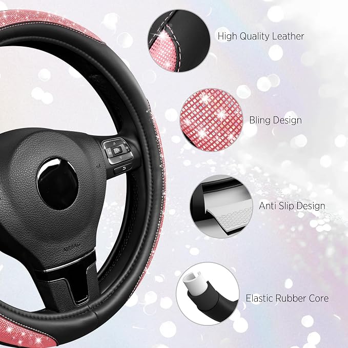 Road Comforts Pixel Glitter Steering Wheel Cover, 14.5–15 Inch Leather Steering Wheels Snug Fit, Anti-Slip Leather Grip, Elegant Sparkle Design, Universal Fit - Pink