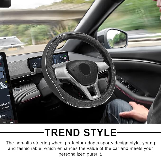 Car Steering Wheel Cover, 15 Inch Anti-Slip Breathable Leather Auto Steering Wheel Protector, Full Surround Soft Steering Wheel Cover for Men Women, Car Interior Accessories (Gray & White)