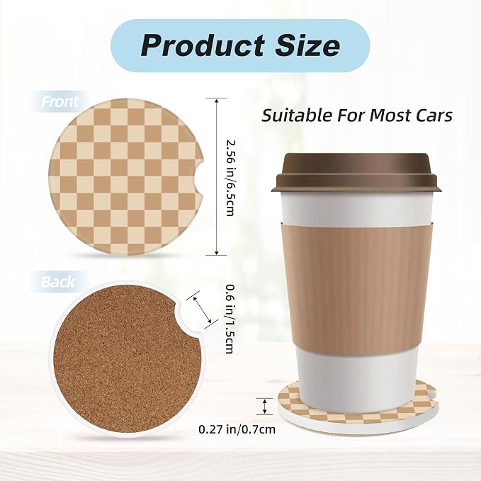 Brown and White Checkered Car Coasters for Cup Holders,2 Pack Car Cup Holder Coasters for Car,Ceramic Absorbent Car Coaster with A Finger Notch and Cork Base,Car Interior Accessories for Women Men