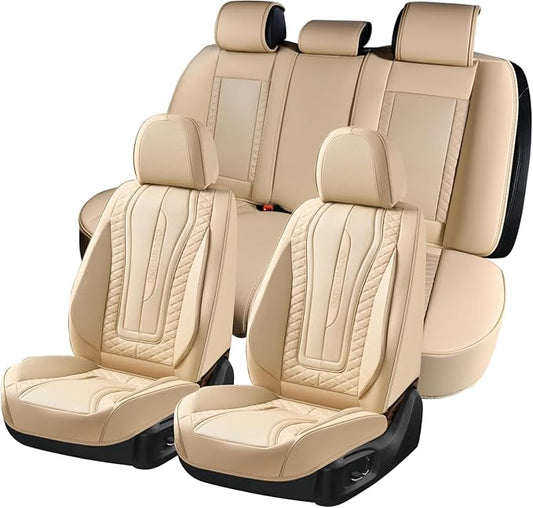 Coverado Car Seat Covers Full Set, Leather Seat Coversfor Cars, Front and Back Seat Covers, Waterproof Car Seat Protectors Car Seat Cushions Universal for Most Vehicles, Beige