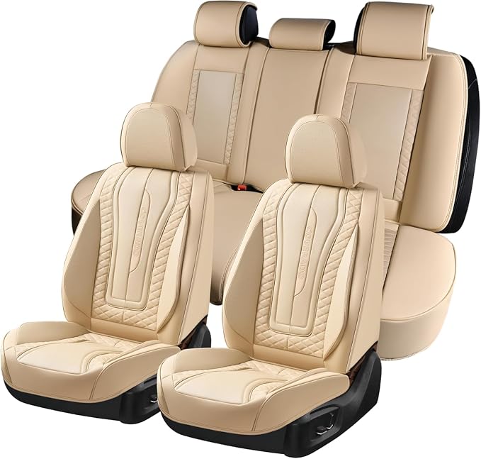 Coverado Car Seat Covers Full Set, Front Seat Cover and Back Seat Covers for Cars, Faux Leather Waterproof Seat Covers, Car Seat Protectors, Automotive Seat Covers Universal for Most Vehicles Beige