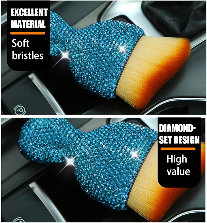 zipelo Auto Interior Dust Brush, Car Detailing Cleaner Brush with Diamond, Bling Handle Soft Bristle Dusting Tool, Scratch Free Dirt Clean Brush for Vehicle Dashboard, Air Conditioner Vent (Lake Blue)