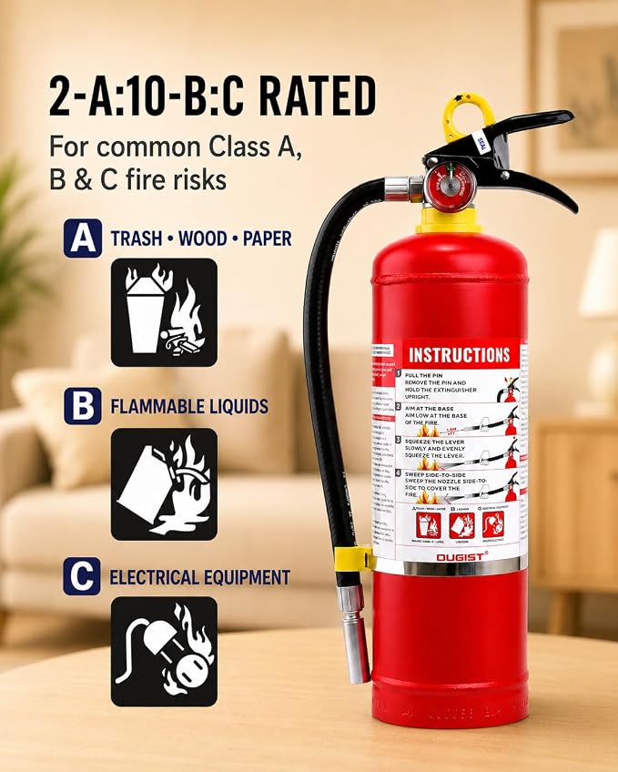 Ougist ABC Dry Chemical Fire Extinguisher, 5 lb – 2-A:10-B：C Rated for Home, Office & Vehicle, Quick Release, Easy-Grip Handle, Ideal for Electrical & Grease Fires, Car Extinguisher, Model FF2KG