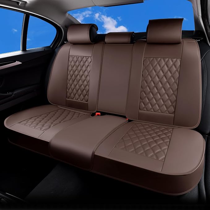 Huidasource Coffee Back Seat Cover, Nappa Leather Rear Seat Cover Velcro Adjustable, Compatible with Seat Belts, Child Safety Seats, Universal Fit for Most Cars SUVs Trucks (Back Row/Coffee)