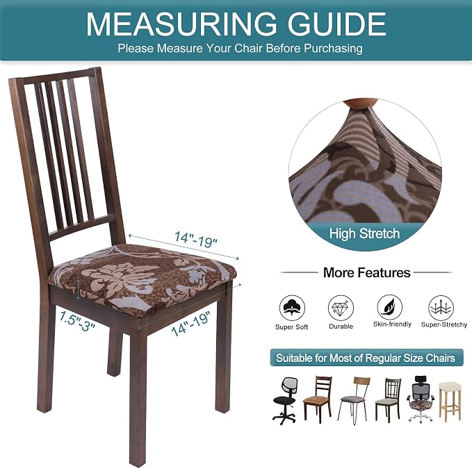 SearchI Seat Covers for Dining Room Chairs Stretch Printed Chair Seat Covers Set of 4, Removable Washable Upholstered Chair Seat Protector Cushion Slipcovers for Kitchen, Office(Brown+Flower)