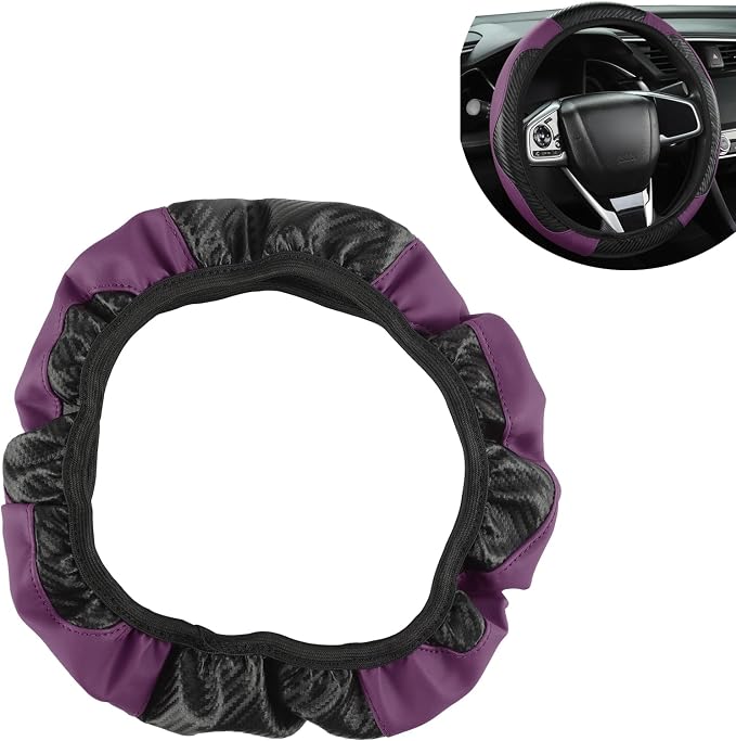 Leather Car Steering Wheel Cover,15 Inch Carbon Fiber PU Elastic Steering Wheel Protector, Anti-Slip Breathable Driving Wheels Covers, Universal Car Interior Accessories (Purple)