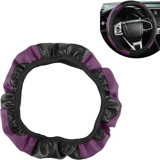 Leather Car Steering Wheel Cover,15 Inch Carbon Fiber PU Elastic Steering Wheel Protector, Anti-Slip Breathable Driving Wheels Covers, Universal Car Interior Accessories (Purple)