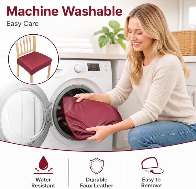 NILUOH Waterproof Seat Covers for Dining Room Chairs Set of 2, Pu Leather Chair Seat Slipcovers Dining Chair Cover Removable Washable Chair Protctor Cover, Rear Covers (PU-Red Wine)