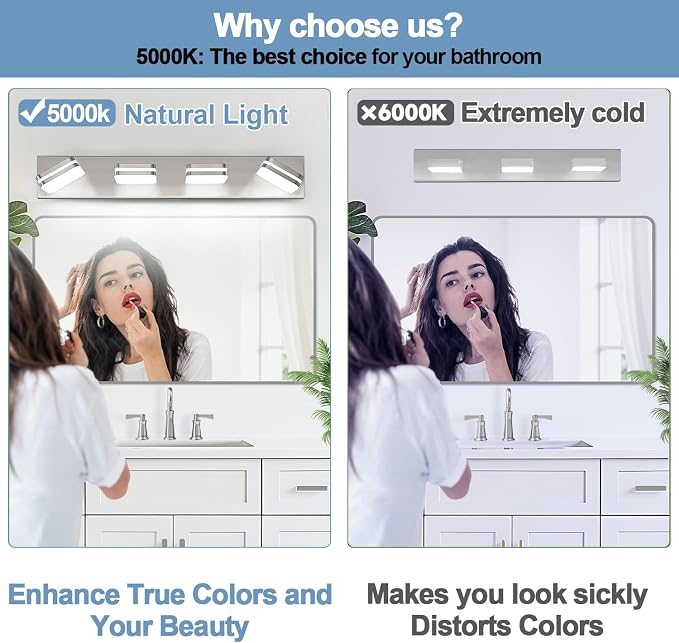 Torondo 360° Rotate LED Bathroom Vanity Light Fixtures, Acrylic Vanity Lights for Bathroom, Modern Wall Lighting Fixtures Over Mirror Living, Brushed Nickel, Natural White, 4-Light, 27-Inch