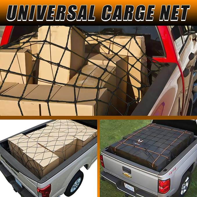 Cargo Net for Pickup Truck Bed SUV, 3' x 4' Stretches to 6' x 8' Heavy Duty Small 4”x4” Latex Cargo Netting with 12 Metal Hooks and 12 ABS Clasps, Car Ceiling Cargo Net for Road Trip