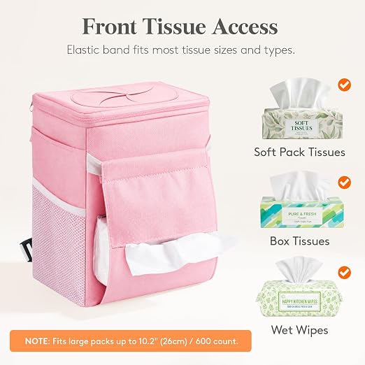 Lifewit Car Trash Bin, 2 Gallon Leakproof Waterproof Vehicle Garbage Can with Lid & Tissue Holder, Car Interior Organizer for Front/Back/Console, Automotive Accessory, Pink