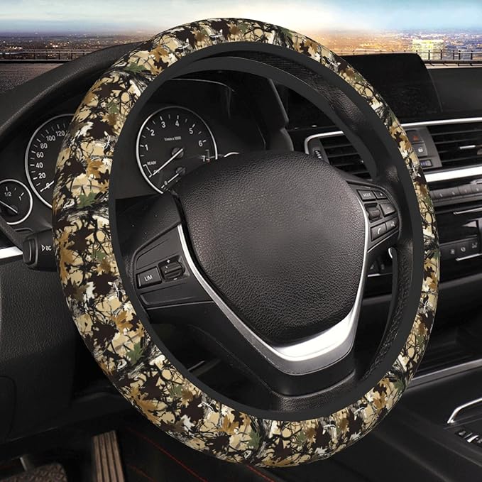 Forest Camo Neoprene Steering Wheel Cover Anti-Slip Elastic Comouflage Tree Hunting Steering Wheel Protective Cover 15in Universal Car Accessories Fit Cars, SUVs, Auto