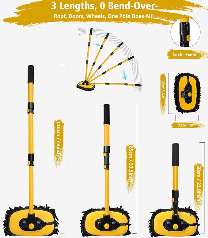 YeewayVeh Car Wash Kit, Extendable Brush Mop, Long Handle, Ginger | 5Pcs Detailing Brush, Rim Cleaner Brush & Microfiber Towel, Complete Car Cleaning Supplies