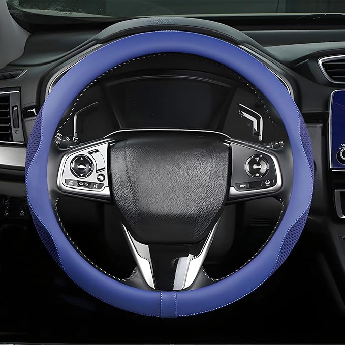 Car Steering Wheel Cover, Microfiber Breathable Ice Silk Leather Steering Wheel Cover Soft Anti-Slip Safety, 15inch Four Season Universal Fits for Most Truck,SUV,Cars (Blue)