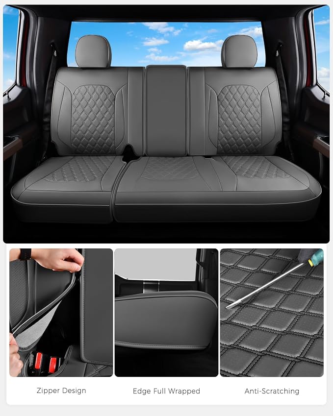 Huidasource Gray Rear Seat Covers Fit for Ford F150 2015-2026 & F250 F350 F450 2017-2026 Crew Cab XL XLT Lariat King Ranch Platinum, Nappa Leather Waterproof Rear Bench Car Seat Cover
