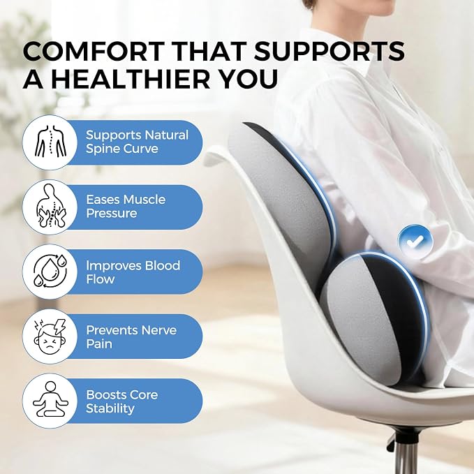 BEBAS Ergonomic Memory Foam Lumbar Support Pillow for Car, BlackGray | Zoned Pressure Relief for Back Support, Lumbar Cushion with Fixed Ring, Breathable Washable Cover, Fits Driving & Office