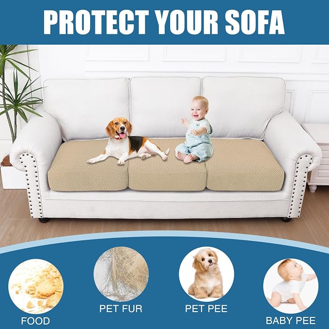 Smiry Waterproof Couch Cushion Covers, Stretch Jacquard Thick Sofa Cushion Covers, Washable Seat Slipcover Elastic Furniture Protector for Pets, Kid (3PC, Light Brown)