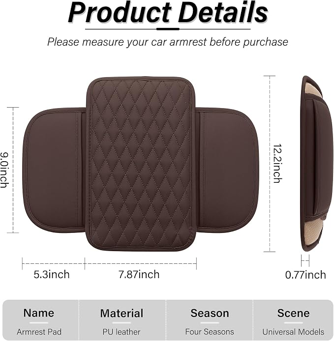 Amiss Car Center Console, Upgraded Leather Car Armrest Cushion with 2 Storage Pockets, Universal Waterproof Cushion Pad, Non-Slip Car Interior Accessories, Fits Most Sedans SUVs Trucks (Brown)