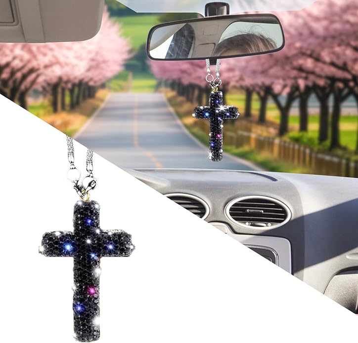 Bling Car Rear View Mirror Accessories Hanging Pendant,Cross Crystal Rhinestone For Car Mirror Hanging,Double-Sided Cross Diamond Religious,Interior Men Women Car Accessories