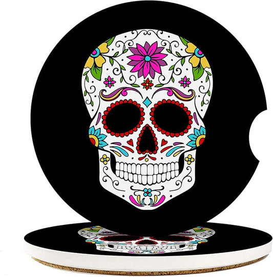 Britimes Absorbent Car Coasters 2 Pack for Cup Holders, 2.56" Ceramic Stone & Non-Scratch Cork Base Drink Coasters Sugar Skull