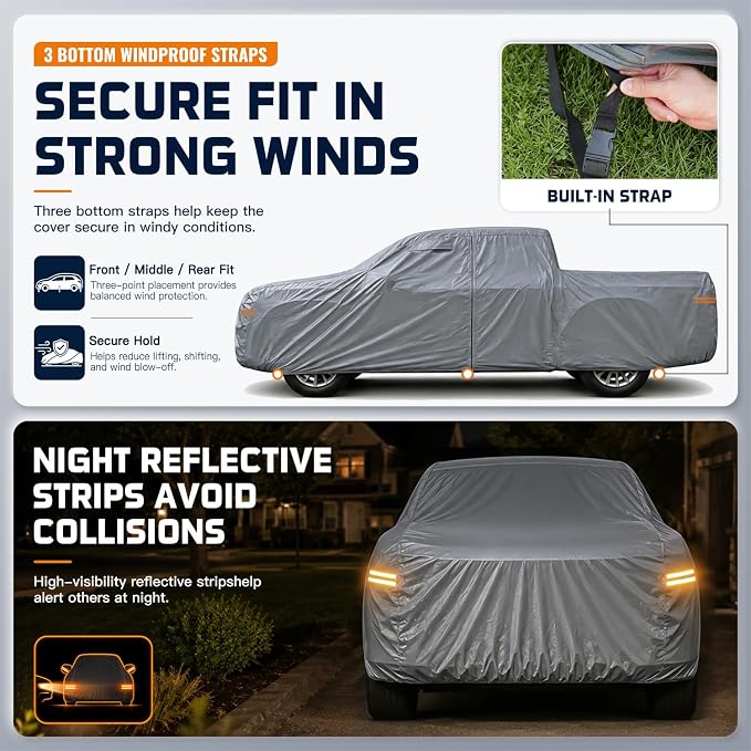 Truck Cover Waterproof All-Weather,Outdoor Full Exterior Pickup Covers(Length 211-220 inch) with Windshield Sun Shade Universal Fit Tacoma, Tundra, F-150, RAM 1500 etc,Size T2 (See SizeChart)