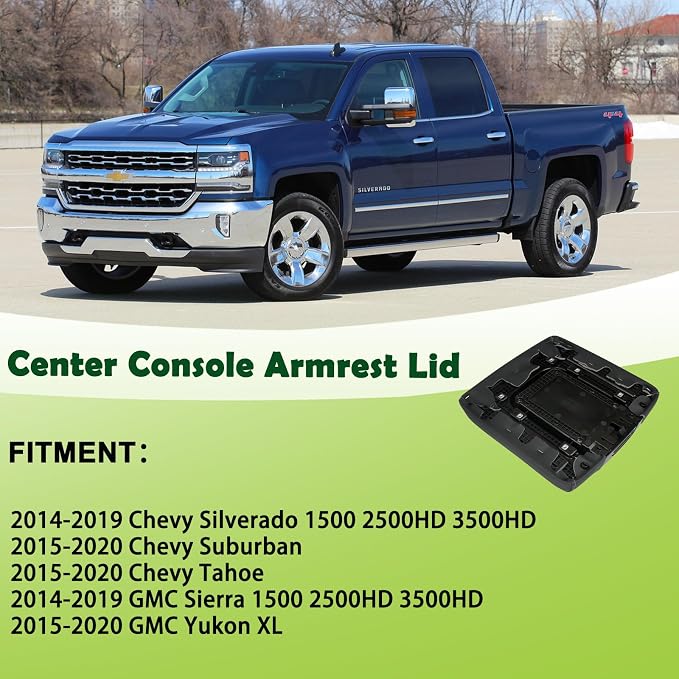 Front Seat Center Console Armrest Lid Cover with Liner Mat Black Compatible with 2014-2019 Chevrolet Chevy Silverado Suburban Tahoe GMC Sierra Yukon XL Replaces 22881398 22876379