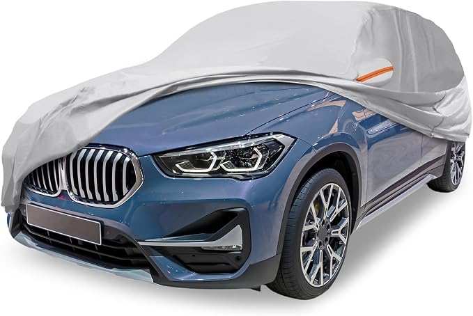Silver Tone Heavy Duty Waterproof Car Cover for SUV 173"-179" - All-Weather UV Protected Outdoor Full Exterior Cover with Sun/Snow/Rain Resistance