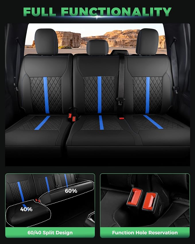 for Ford F150 Leather Seat Covers, SuperCrew XL XLT 2021-2026, F250 F350 F450 Super Duty Crew Cab 2023-2026, Custom Truck Seat Cover Full Set, Pickup Accessories, Black Blue (Bucket Seat)