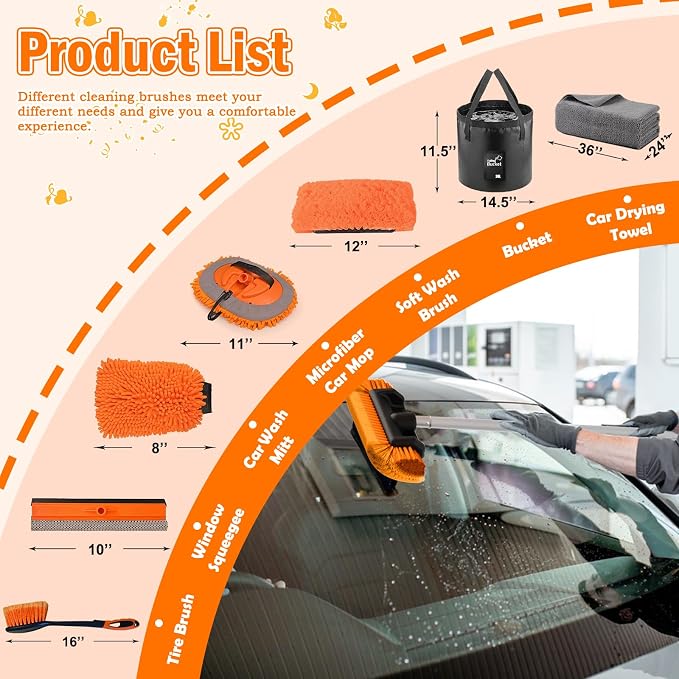LAANPOLE 16FT Car Wash Brush with Long Handle, Car Cleaning Kit with Soft Bristle Wash Brush, Microfiber Cleaning Mop, Window Squeegee, Mitt, Wheel Brush, Bucket, Drying Towel for RV, Truck, Boat