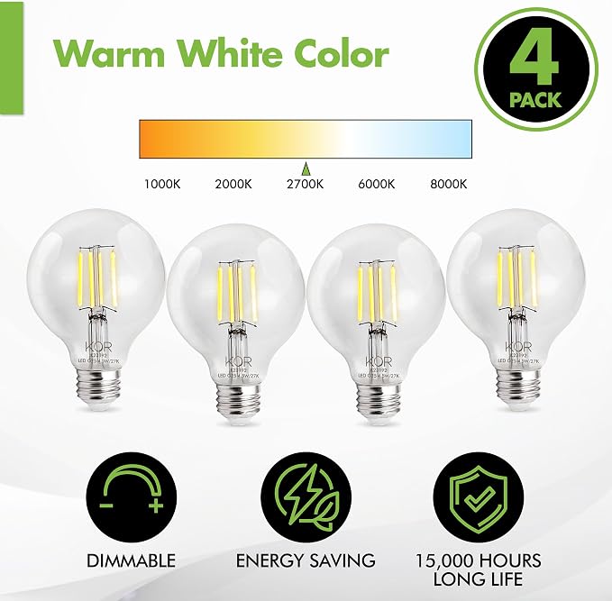 KOR 4 Pack 4.5W (40W Equivalent) Clear G25 Globe Led Light Bulbs 2700K Warm White Dimmable Filament Vintage LED Globe E26 Base Dimmable for Bathroom Vanity Bedroom Pendant