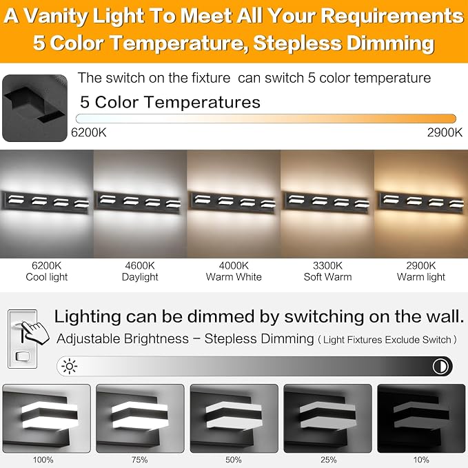 SOLFART 4 Lights Bathroom Vanity Lighting Over Mirror,5 Color Temperature Adjustable Matt Black Vanity Light, LED Light Fixtures, Light Over Mirror ETL Listed