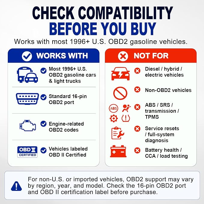 V380 Color OBD2 Scanner Diagnostic Tool, Car Code Reader for Check Engine Light, Read Codes, DTC Lookup, I/M Readiness, Live Data, Battery Voltage Check for 1996+ Gas Cars