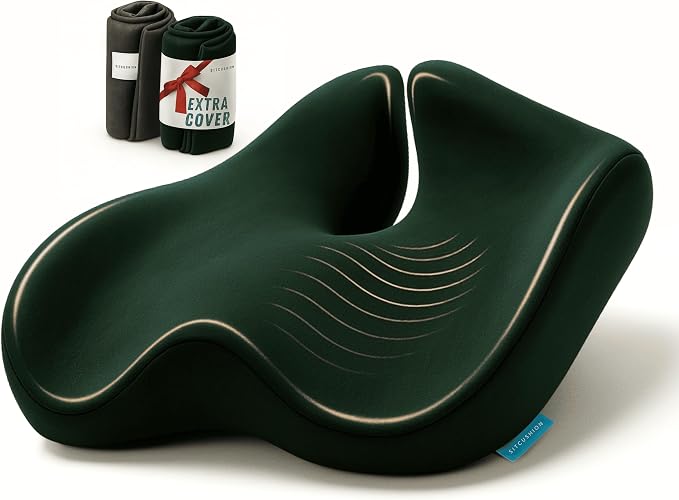 SitCushion Orthopedic Coccyx Cushion for Tailbone Pain Relief, Sciatica and Back Pain – X Large Memory Foam Seat Cushion for Office Chairs, Car – Ergonomic Pillow with Removable Spare Cover (Green)