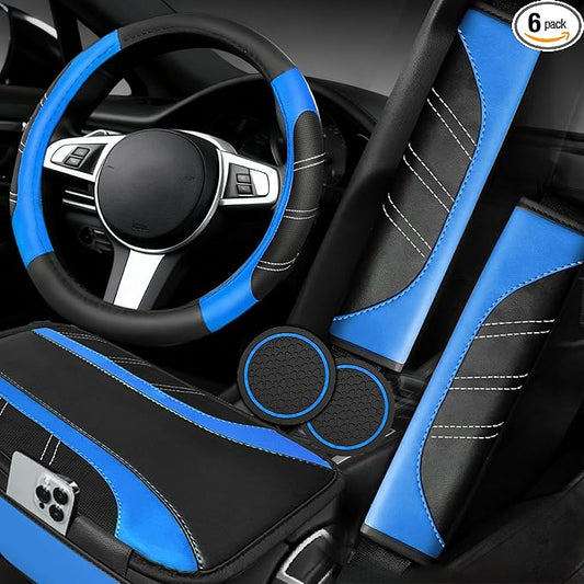 NBTEPEM 6 Pcs Blue Car Accessories Set, Sport Leather Steering Wheel Cover 14.5-15inch Universal, Microfiber Leather Car Center Console Cover, Seat Belt Cushion, Cup Holder Coaster (Black-Blue)