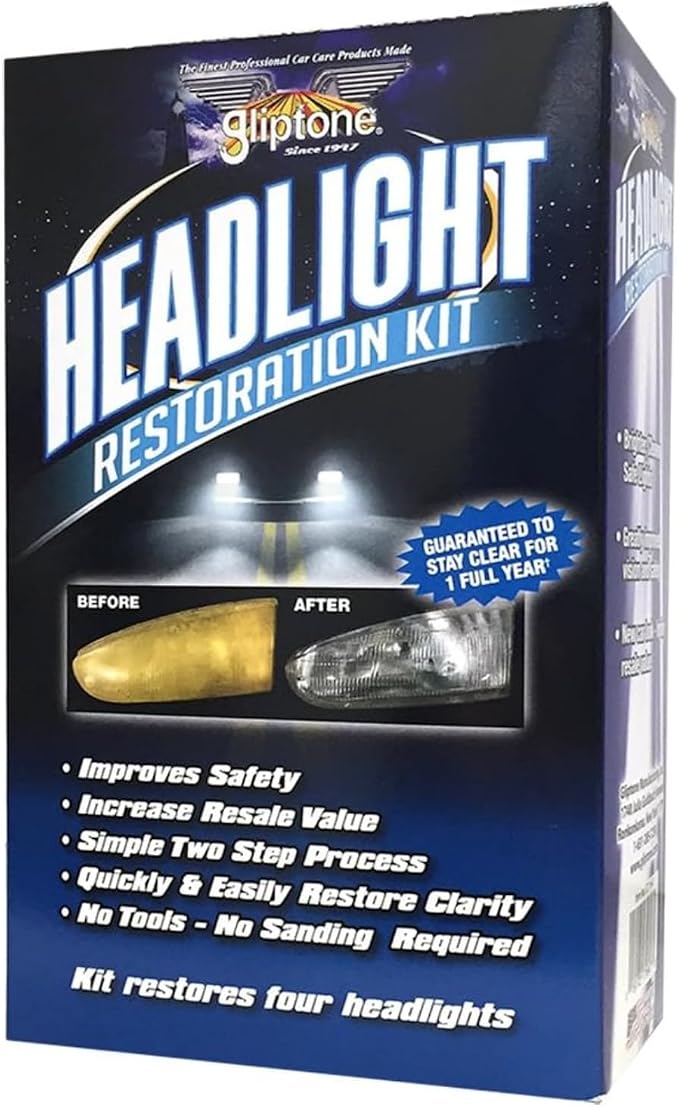 Gliptone Headlight Restoration Kit, Restores 4 Headlights, Guaranteed, Easy 2 Step Process, 7 Piece Kit, No Sanding or Tools Required | Restores Up to 4 Headlights, No Sanding or Tools Required, UV Protection & Clear Poly Coating, Easy 2-Step Process