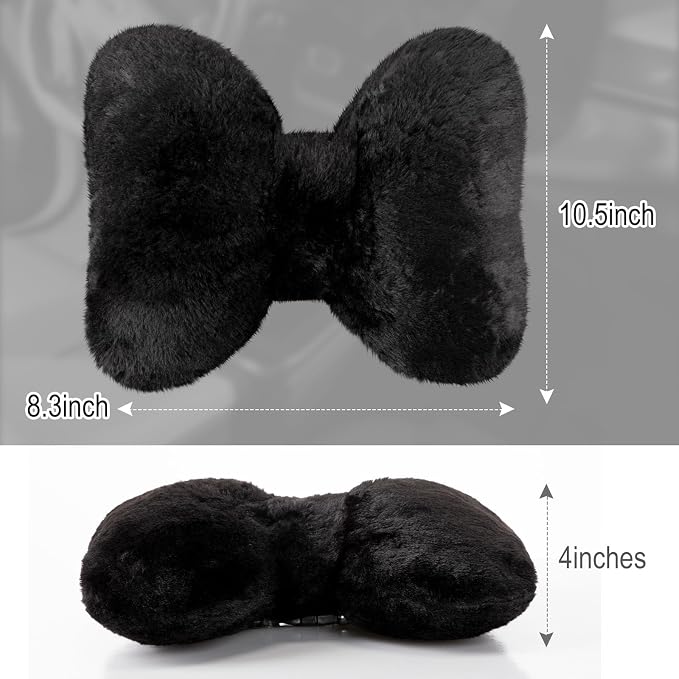 Macarrie 2 Pcs Black Car Neck Pillow Imitation Rabbit Fur Bow Pillow | Soft Comfortable Seat Headrest Support, Cute Bow Car Accessories, Driving Travel Driver Chair Girl Interior Decor, Solid