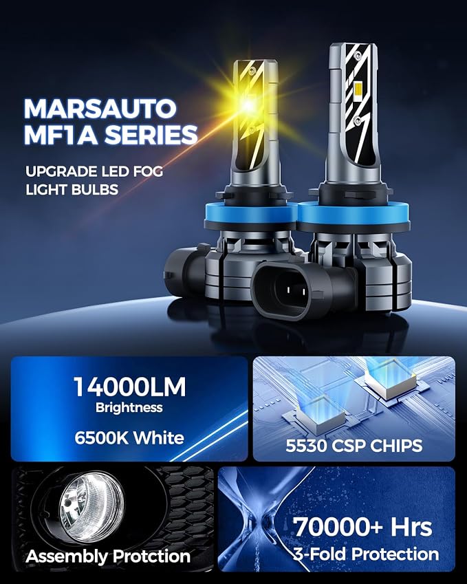 Marsauto H11/H16/H8 LED Fog Light Bulb Yellow, 14,000LM 3000K Amber H11 H16 H8 LED Bulb Yellow for Fog Lights or DRL, 70,000 Hours Lifespan, Play and Plug, Non-Polarity, RV Interior Lighting