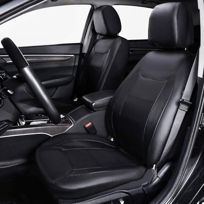 Flying Banner car seat Covers Protects Water Proof Faux Leather Carbon Fiber Front and Rear Bench (Black Black, Full Set - 9PCS)