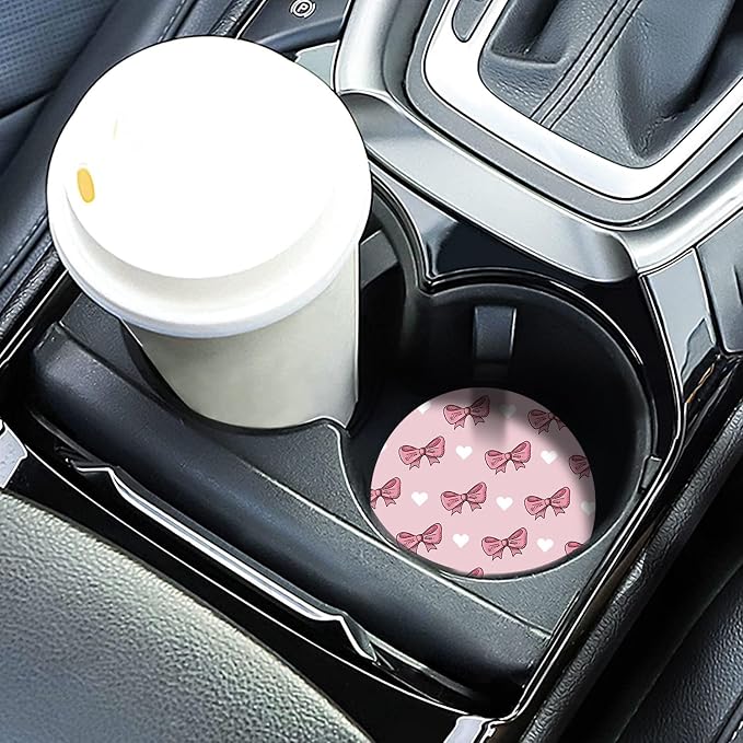 2 Pack Car Cup Holder Coasters, Pink Bows Insert Car Coaster, 2.75 Inch Anti Slip Shockproof Embedded Drink Mat, Vehicle Interior Decor Accessories (Pink-Bows)