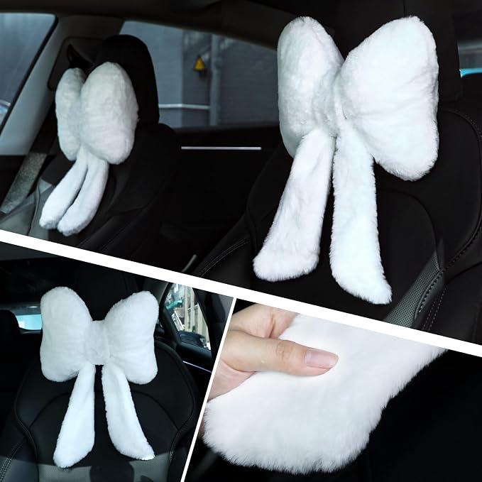 Macarrie 2 Pcs White Car Neck Pillow Plush Butterfly Bow Car Headrest Pillow Comfortable Seat Neck Support Cute Head Rest Accessories for Driving Travel Driver Chair Girl Interior Decor(Solid)