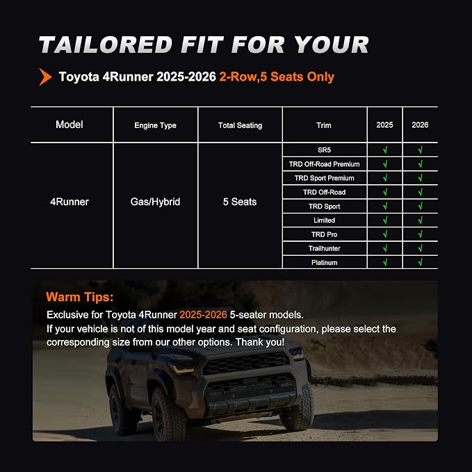AOMSAZTO Custom Fit Seat Covers for Toyota 4Runner 2025 2026 | Full Set Faux Leather Car Seats Cover for 4Runner Accessories Black&Gray(5 Seats Model Only)