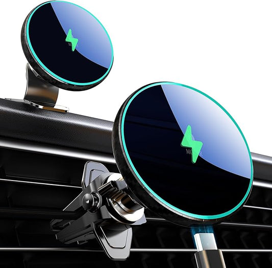 MOKPR for Magnetic Car Mount Charger-15W Wireless Car Charger-Magnetic Car Phone Holder for Dash Air Vent-LED RGB HandsFree Car Mount Fast Car Charger for iPhone 14/13/12 Series Carbon Fiber