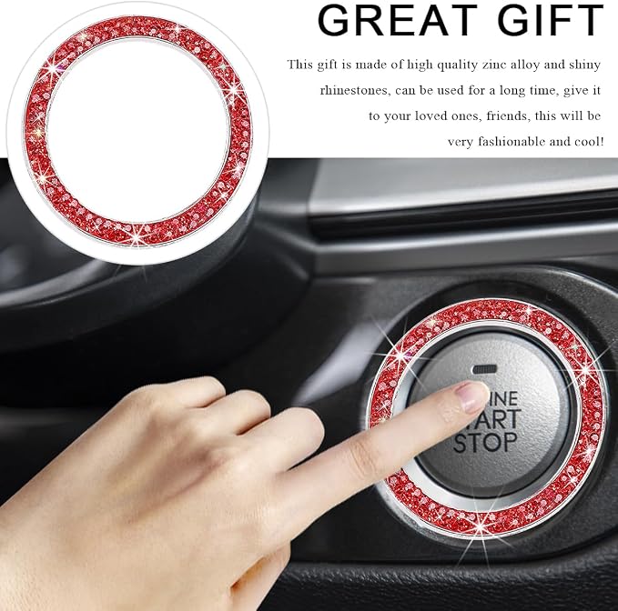 Car Bling Crystal Rhinestone Engine Start Ring Decals, Sparkling Diamond Car Push Start Button Ignition Ring Sticker, Auto Key Ignition Knob Ring Decoration for Women Girls (Red)