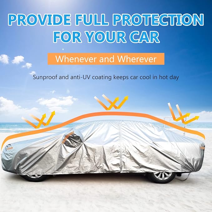 SEAZEN Car Cover with Zipper, 2 Layer Full Car Covers Waterproof/UV Protection/Snowproof/Dustproof, Universal Car Cover (Fit Sedan-Length Up to 200")