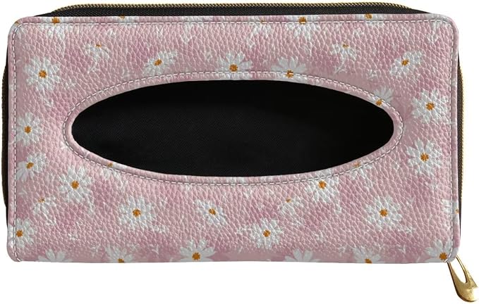 Leather Automotive Visor Tissue Holder Daisy Pattern Rectangular Sun Visor Napkin Hodler Universal Tissue Box for Car Offices Pink