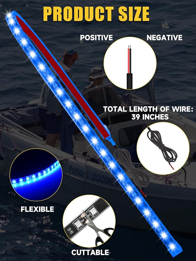Car LED Strip Lights IP68 Waterproof Cuttable 24inch Blue 4 Pcs | 12V Footwell & Underbody Lights, 5050 SMD Beads, Interior & Exterior Light, Fits SUVs, Trucks, Motorcycles, Boats, Golf Carts