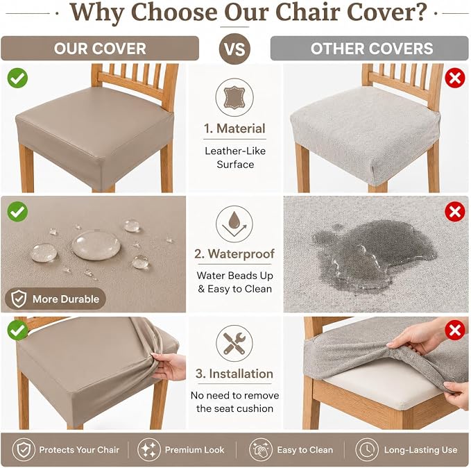 NILUOH Waterproof Seat Covers for Dining Room Chairs Set of 2, Pu Leather Chair Seat Slipcovers Dining Chair Cover Removable Washable Chair Protctor Cover, Rear Covers (PU-Taupe)