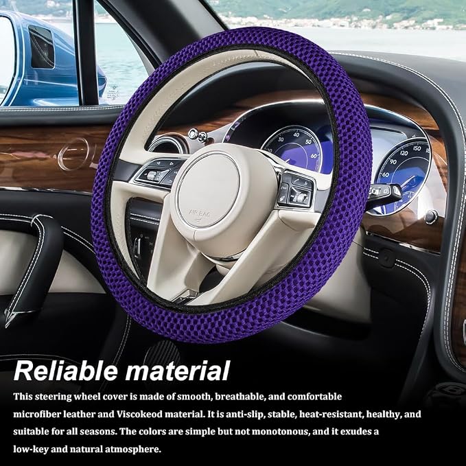 Breathable Elastic Steering Wheel Cover,15 Inch Stretch Steering Wheel Protector,Microfiber Ice Silk Anti-Slip Car Wheel Cover,Odorless Comfort Grip Interior Accessory for Cars SUV Truck（Purple）