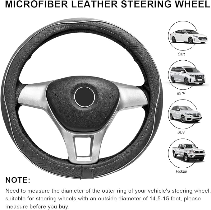 Car Steering Wheel Cover, 15 Inch Anti-Slip Breathable Leather Auto Steering Wheel Protector, Full Surround Soft Steering Wheel Cover for Men Women, Car Interior Accessories (Gray & White)